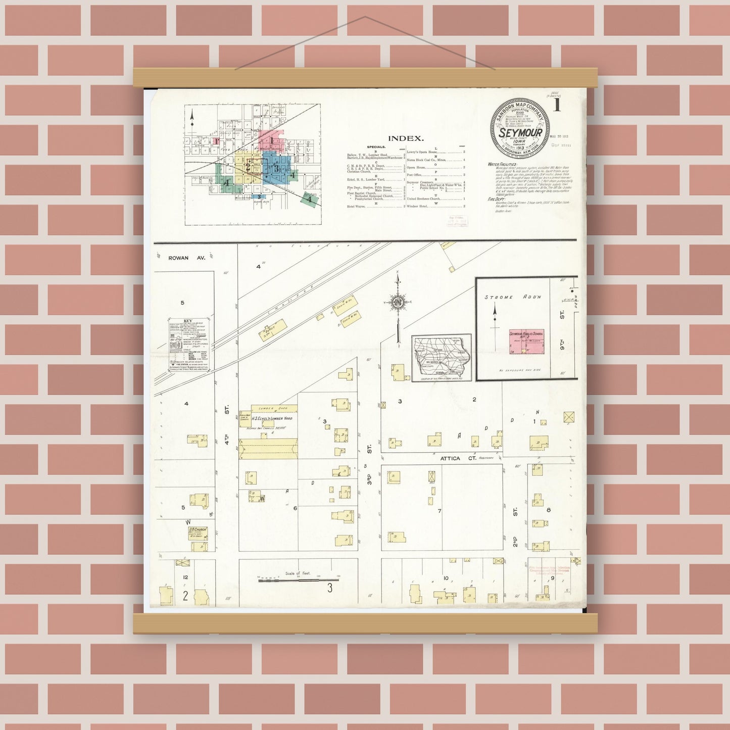 Old map wall art mockup — magnetic wood frame on brick wall — Sanborn Fire Insurance Map from Seymour, Wayne County, Iowa (1913), Sheet #0001