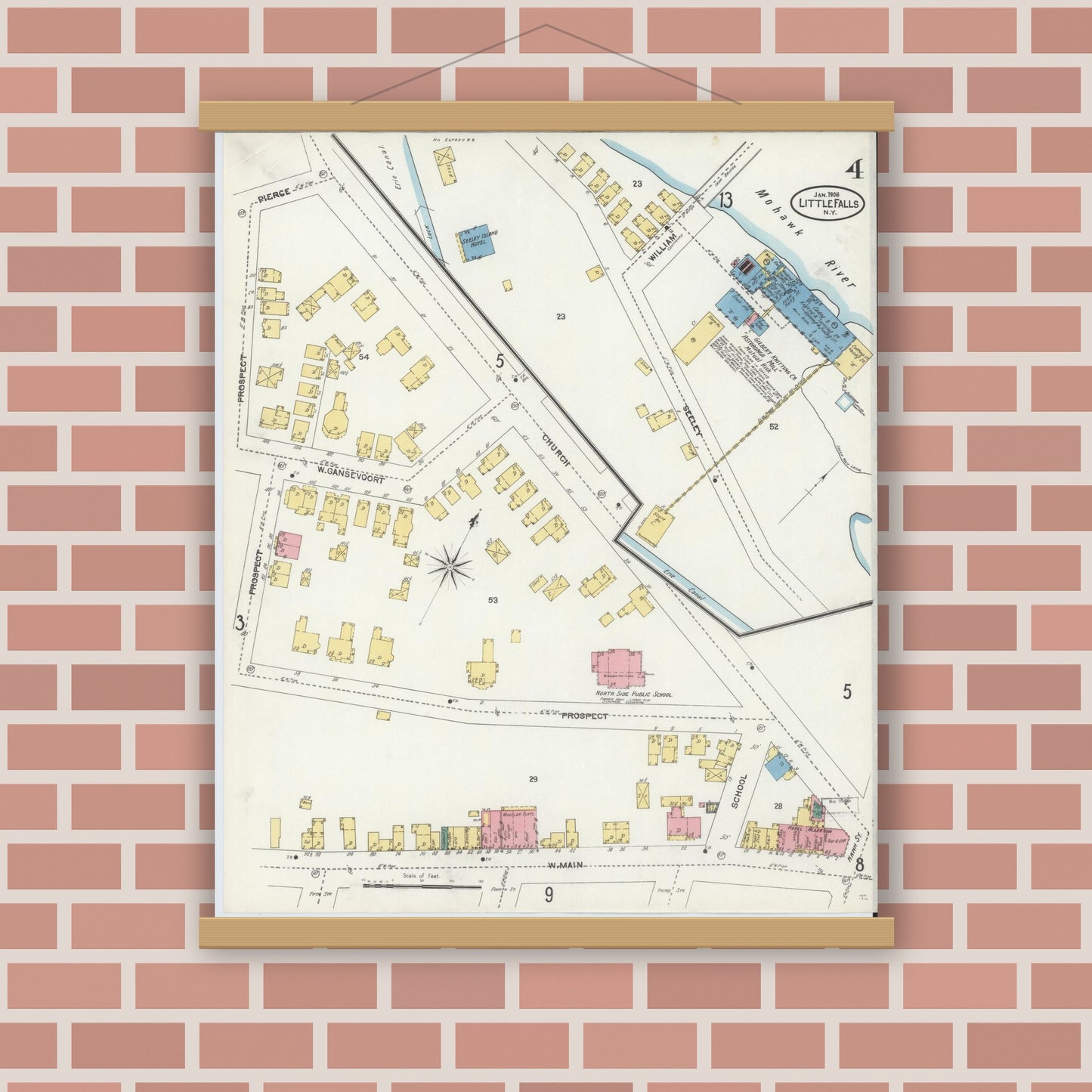 Old map wall art mockup — magnetic wood frame on brick wall — Sanborn Fire Insurance Map from Little Falls, Herkimer County, New York (1906), Sheet #0004