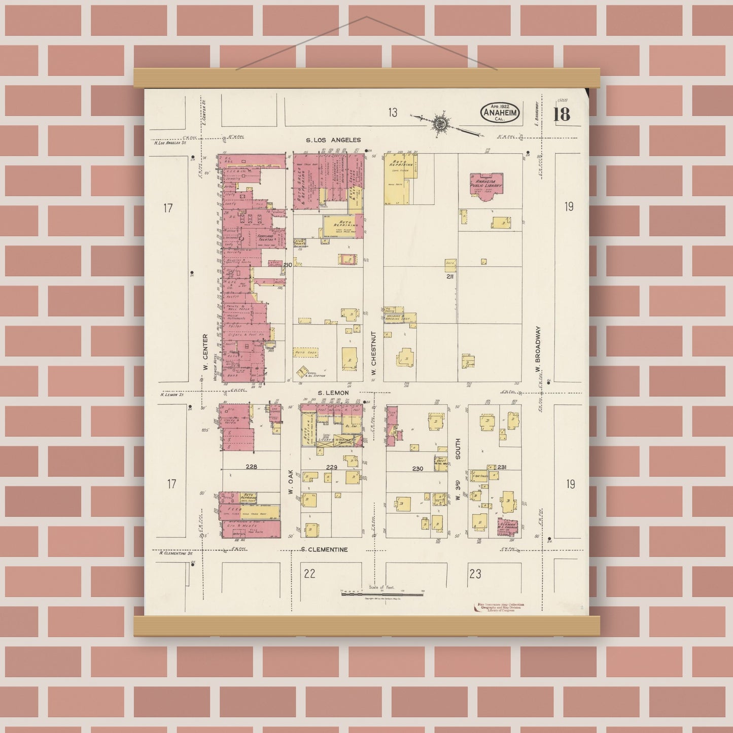 Old map wall art mockup — magnetic wood frame on brick wall — Sanborn Fire Insurance Map from Anaheim, Orange County, California (1922), Sheet #0018