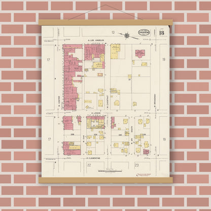 Old map wall art mockup — magnetic wood frame on brick wall — Sanborn Fire Insurance Map from Anaheim, Orange County, California (1922), Sheet #0018