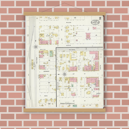 Old map wall art mockup — magnetic wood frame on brick wall — Sanborn Fire Insurance Map from Hempstead, Waller County, Texas (1896), Sheet #0002