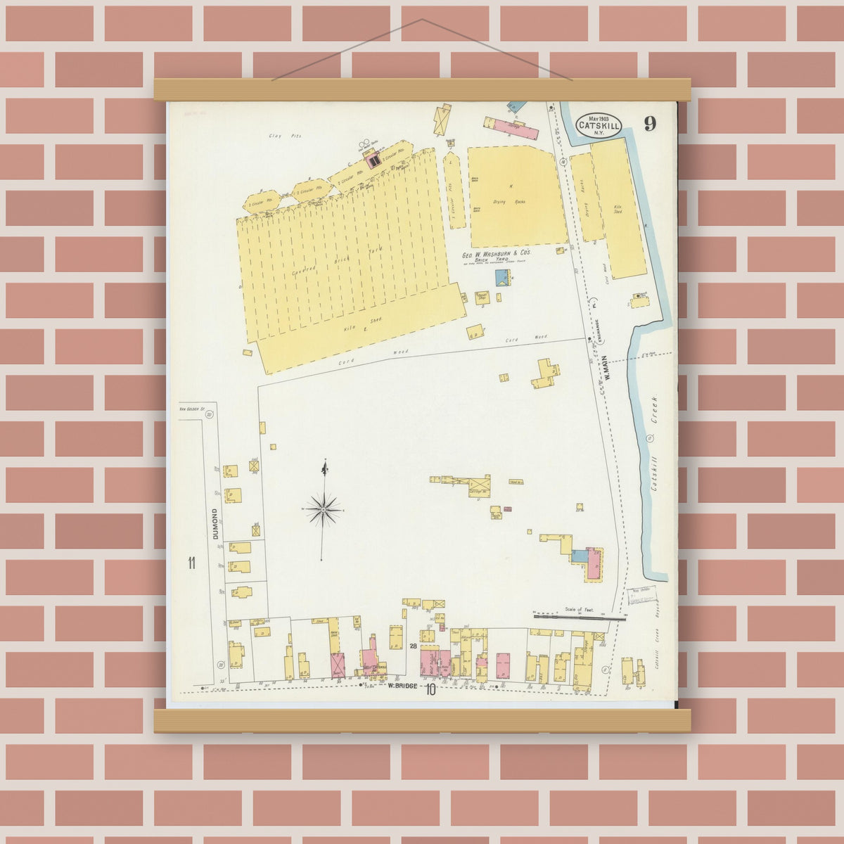 Old map wall art mockup — magnetic wood frame on brick wall — Sanborn Fire Insurance Map from Catskill, Greene County, New York (1903), Sheet #0009