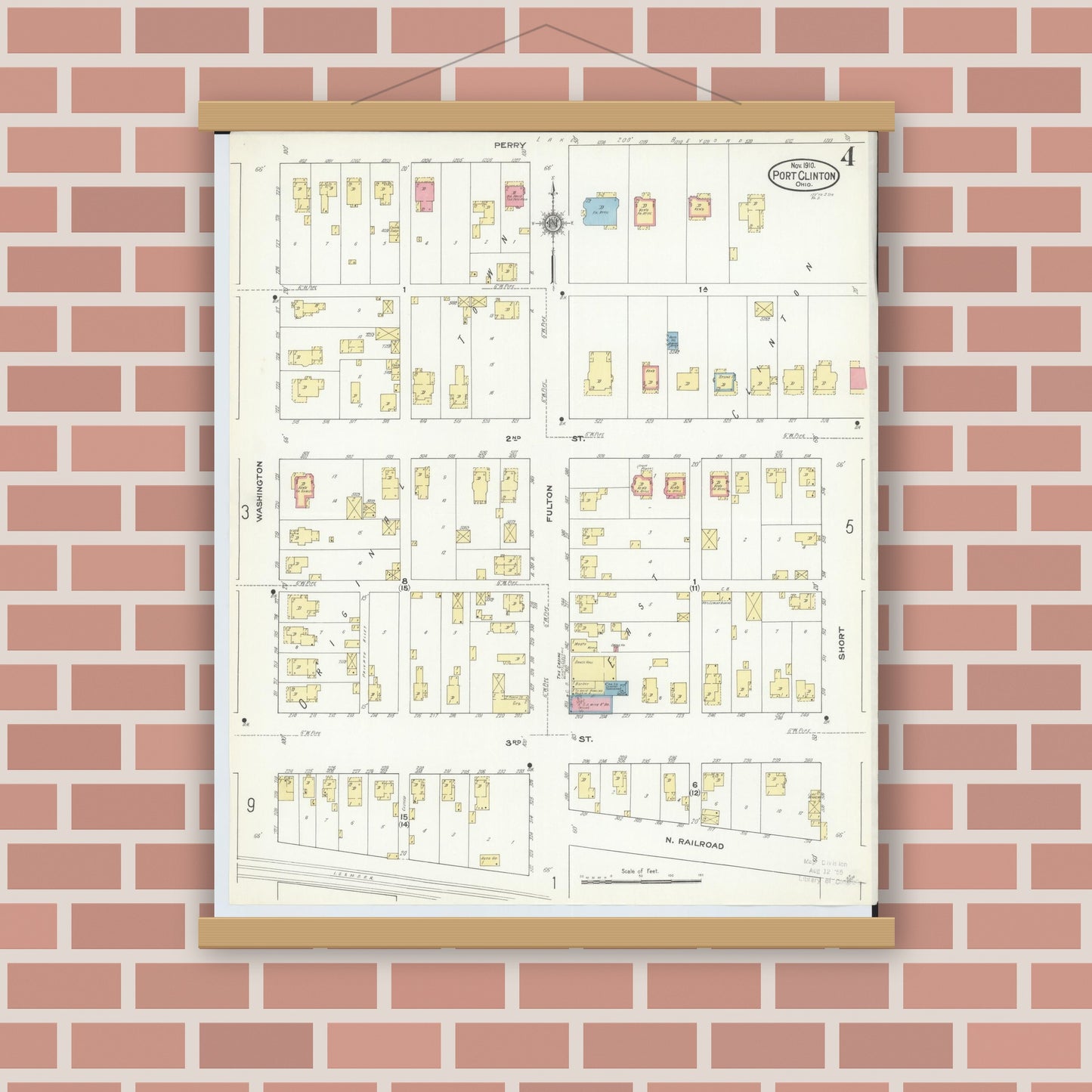 Old map wall art mockup — magnetic wood frame on brick wall — Sanborn Fire Insurance Map from Port Clinton, Ottawa County, Ohio (1910), Sheet #0004