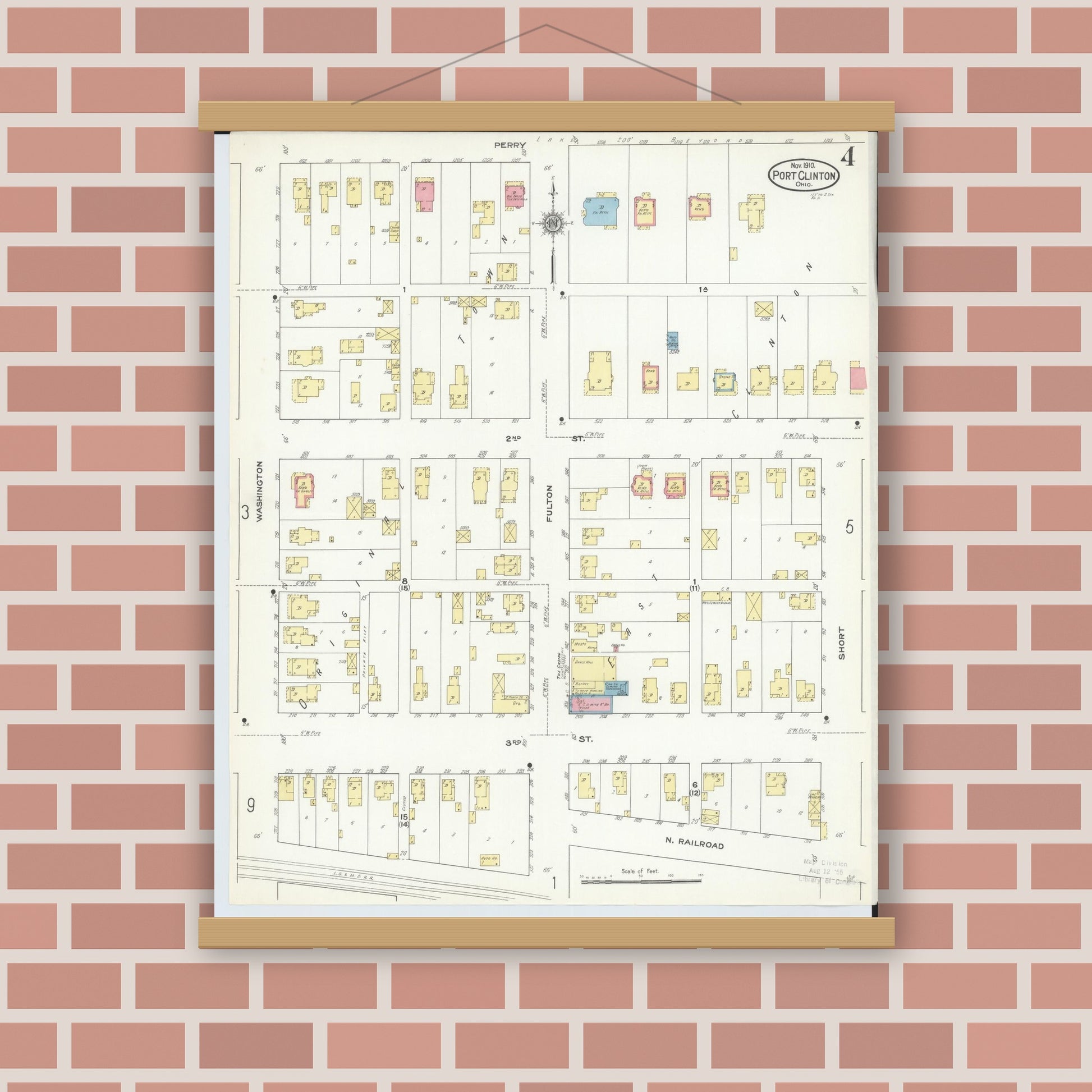 Old map wall art mockup — magnetic wood frame on brick wall — Sanborn Fire Insurance Map from Port Clinton, Ottawa County, Ohio (1910), Sheet #0004