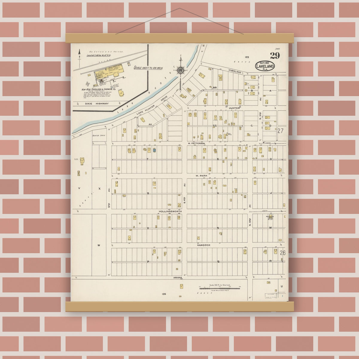 Old map wall art mockup — magnetic wood frame on brick wall — Sanborn Fire Insurance Map from Lakeland, Polk County, Florida (1922), Sheet #0029