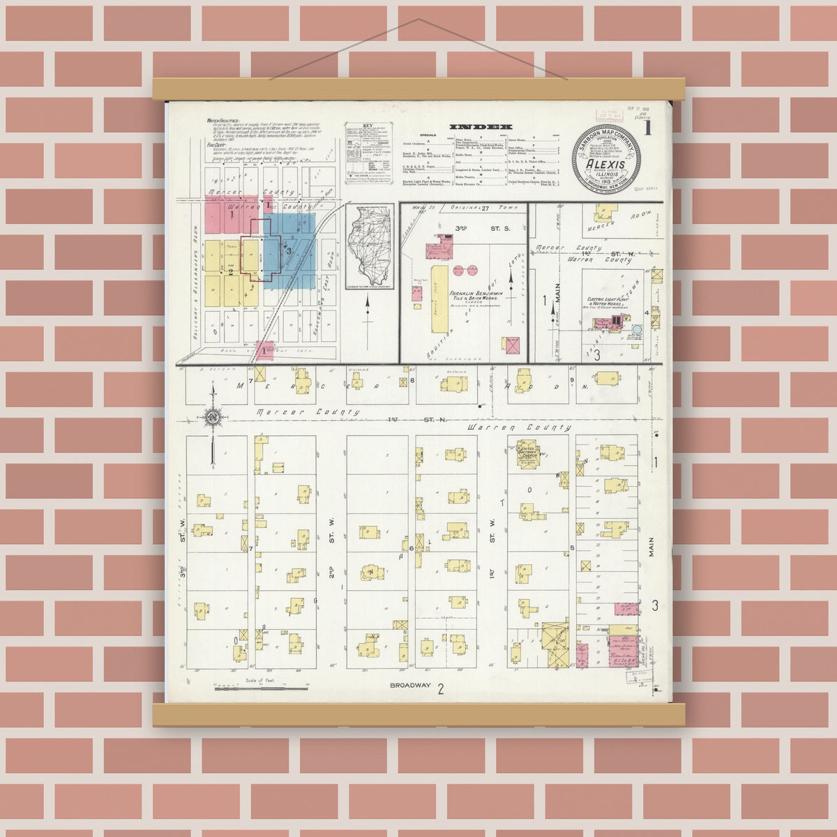 Old map wall art mockup — magnetic wood frame on brick wall — Sanborn Fire Insurance Map from Alexis, Warren County, Illinois (1913), Sheet #0001