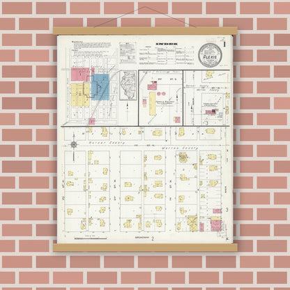 Old map wall art mockup — magnetic wood frame on brick wall — Sanborn Fire Insurance Map from Alexis, Warren County, Illinois (1913), Sheet #0001