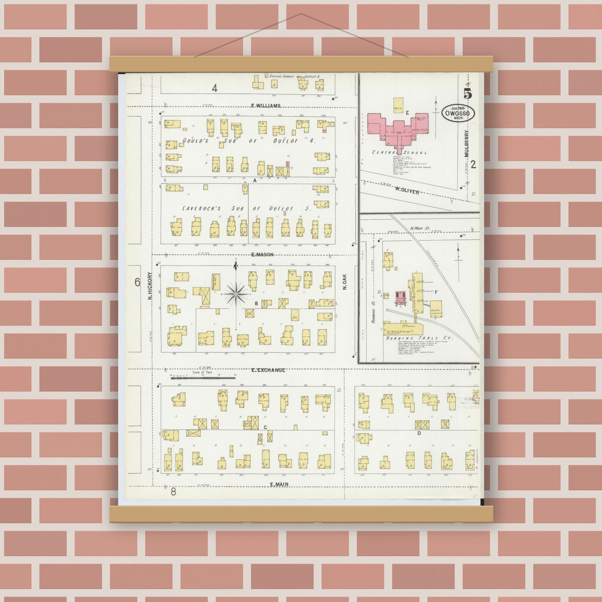 Old map wall art mockup — magnetic wood frame on brick wall — Sanborn Fire Insurance Map from Owosso, Shiawassee County, Michigan (1900), Sheet #0005