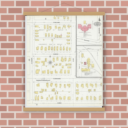 Old map wall art mockup — magnetic wood frame on brick wall — Sanborn Fire Insurance Map from Owosso, Shiawassee County, Michigan (1900), Sheet #0005