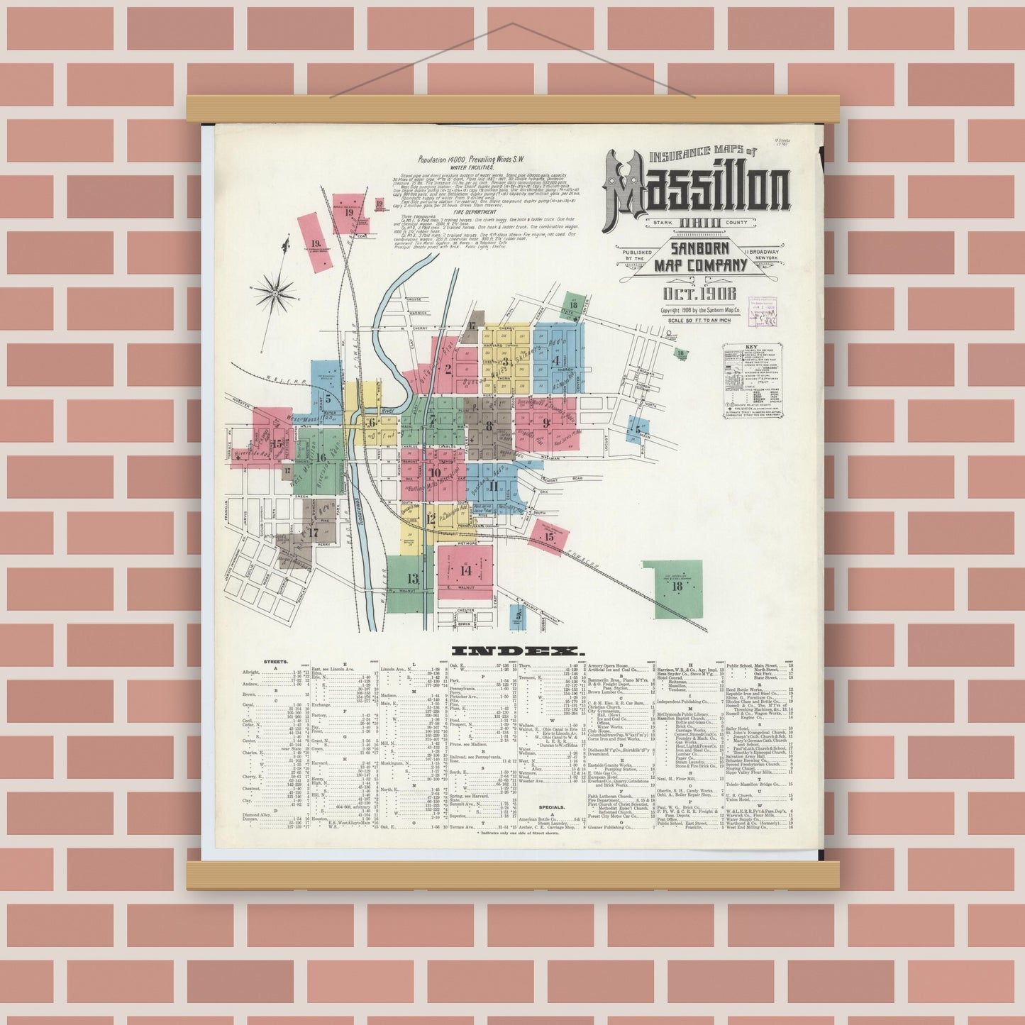 Old map wall art mockup — magnetic wood frame on brick wall — Sanborn Fire Insurance Map from Massillon, Stark County, Ohio (1908) - Complete Map Set
