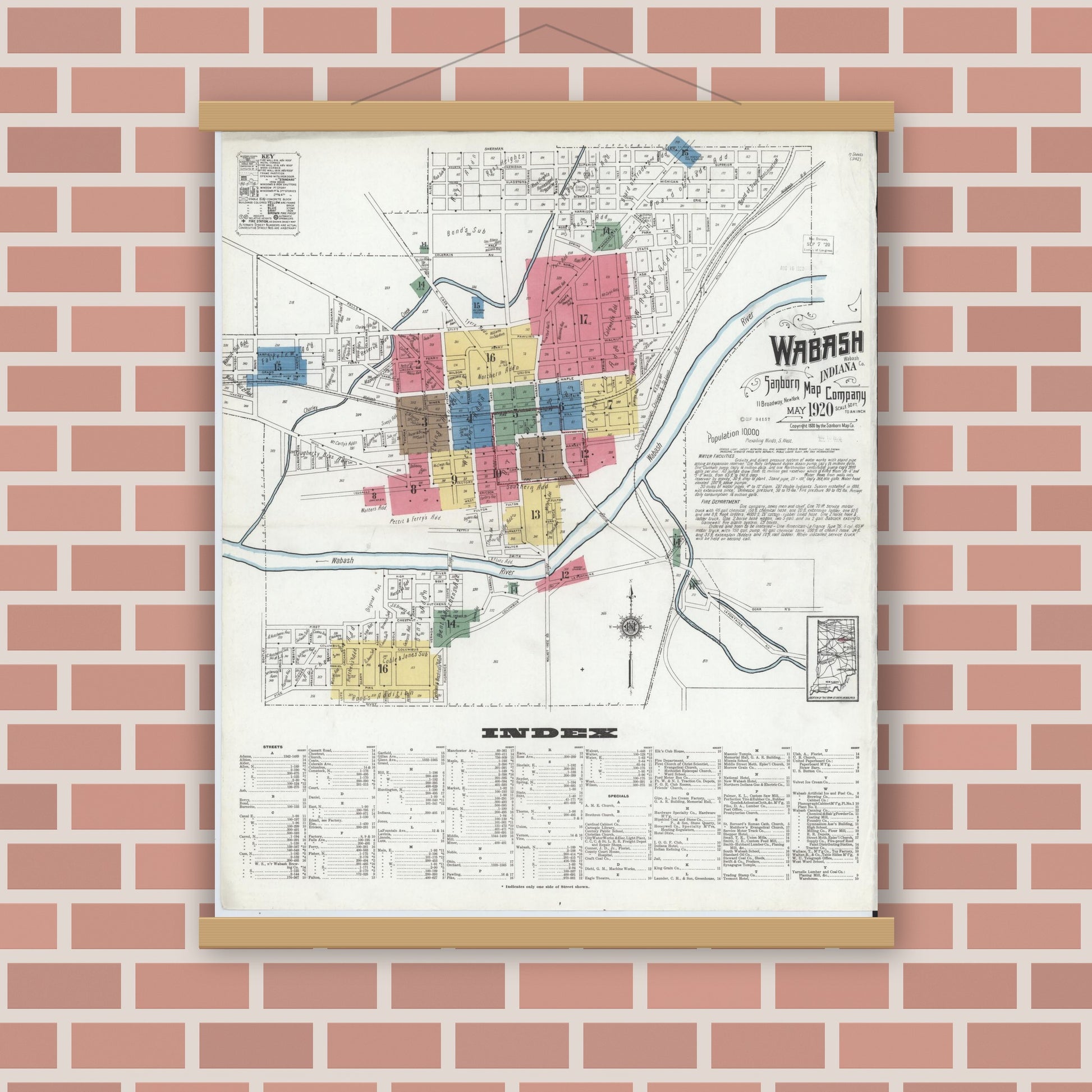 Old map wall art mockup — magnetic wood frame on brick wall — Sanborn Fire Insurance Map from Wabash, Wabash County, Indiana (1920) - Complete Map Set