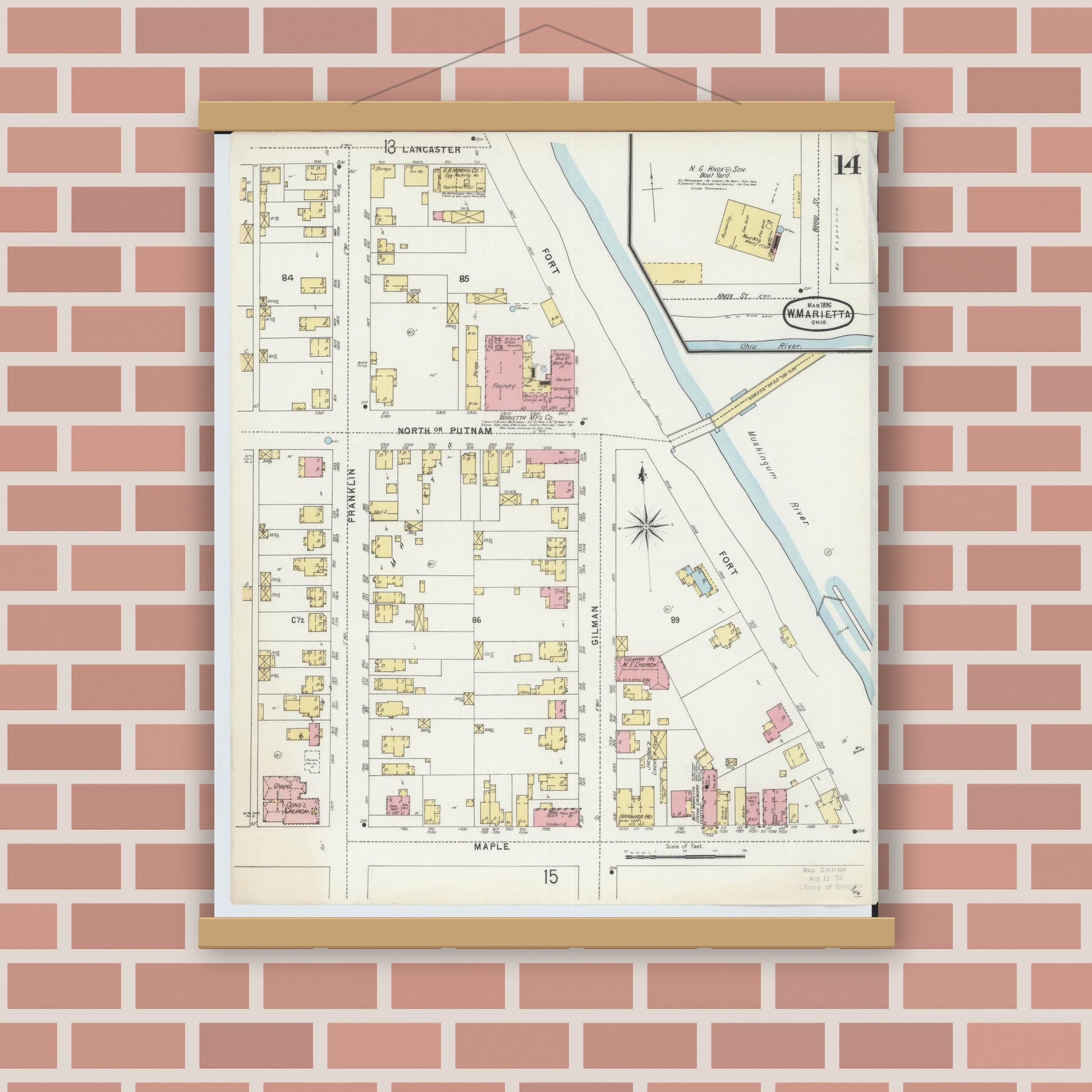 Old map wall art mockup — magnetic wood frame on brick wall — Sanborn Fire Insurance Map from Marietta, Washington County, Ohio (1896), Sheet #0014