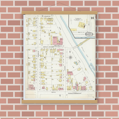 Old map wall art mockup — magnetic wood frame on brick wall — Sanborn Fire Insurance Map from Marietta, Washington County, Ohio (1896), Sheet #0014