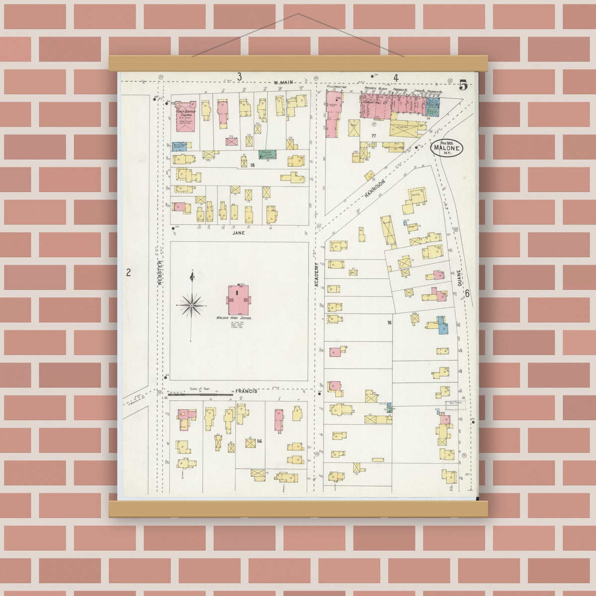 Old map wall art mockup — magnetic wood frame on brick wall — Sanborn Fire Insurance Map from Malone, Franklin County, New York (1903), Sheet #0005