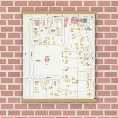 Old map wall art mockup — magnetic wood frame on brick wall — Sanborn Fire Insurance Map from Malone, Franklin County, New York (1903), Sheet #0005
