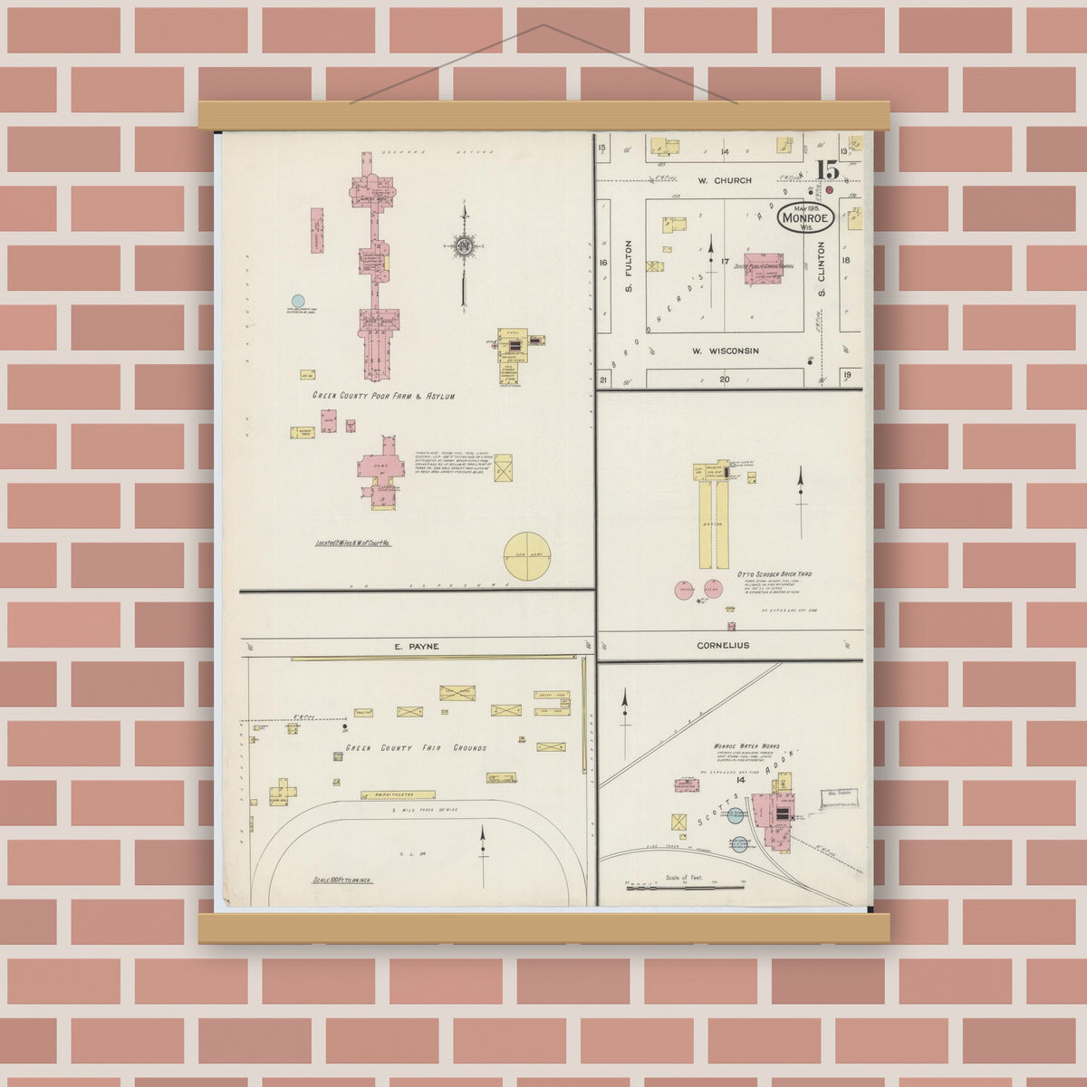 Old map wall art mockup — magnetic wood frame on brick wall — Sanborn Fire Insurance Map from Monroe, Green County, Wisconsin (1915), Sheet #0015