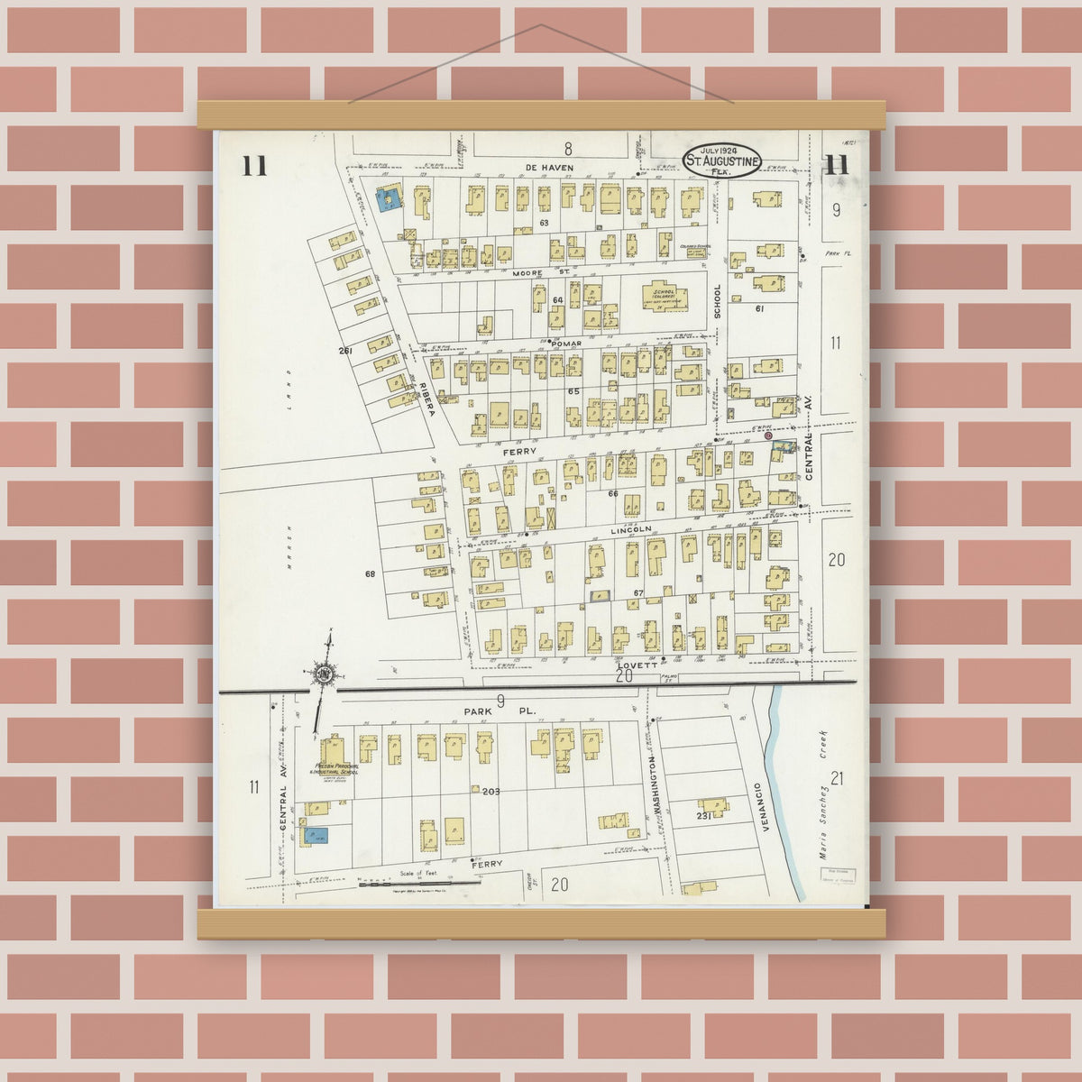 Old map wall art mockup — magnetic wood frame on brick wall — Sanborn Fire Insurance Map from Saint Augustine, Saint John's County, Florida (1924), Sheet #0011