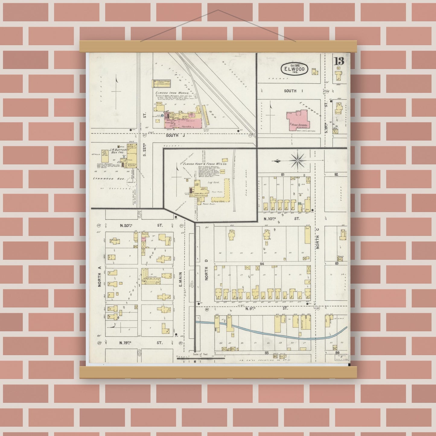 Old map wall art mockup — magnetic wood frame on brick wall — Sanborn Fire Insurance Map from Elwood, Madison County, Indiana (1895), Sheet #0013