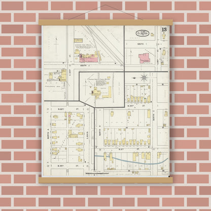 Old map wall art mockup — magnetic wood frame on brick wall — Sanborn Fire Insurance Map from Elwood, Madison County, Indiana (1895), Sheet #0013