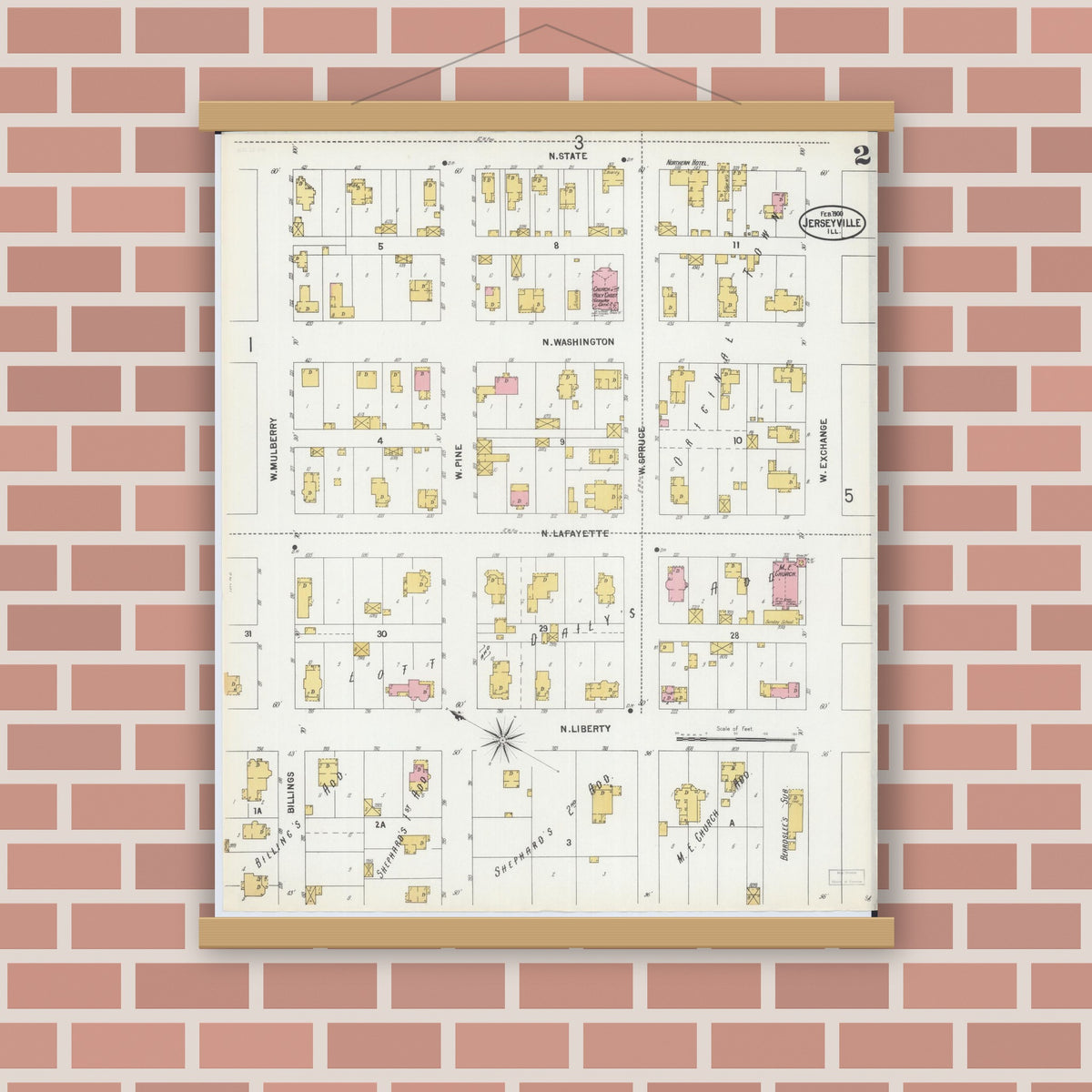 Old map wall art mockup — magnetic wood frame on brick wall — Sanborn Fire Insurance Map from Jerseyville, Jersey County, Illinois (1900), Sheet #0002