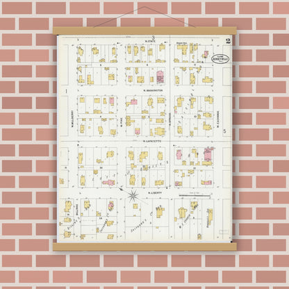 Old map wall art mockup — magnetic wood frame on brick wall — Sanborn Fire Insurance Map from Jerseyville, Jersey County, Illinois (1900), Sheet #0002