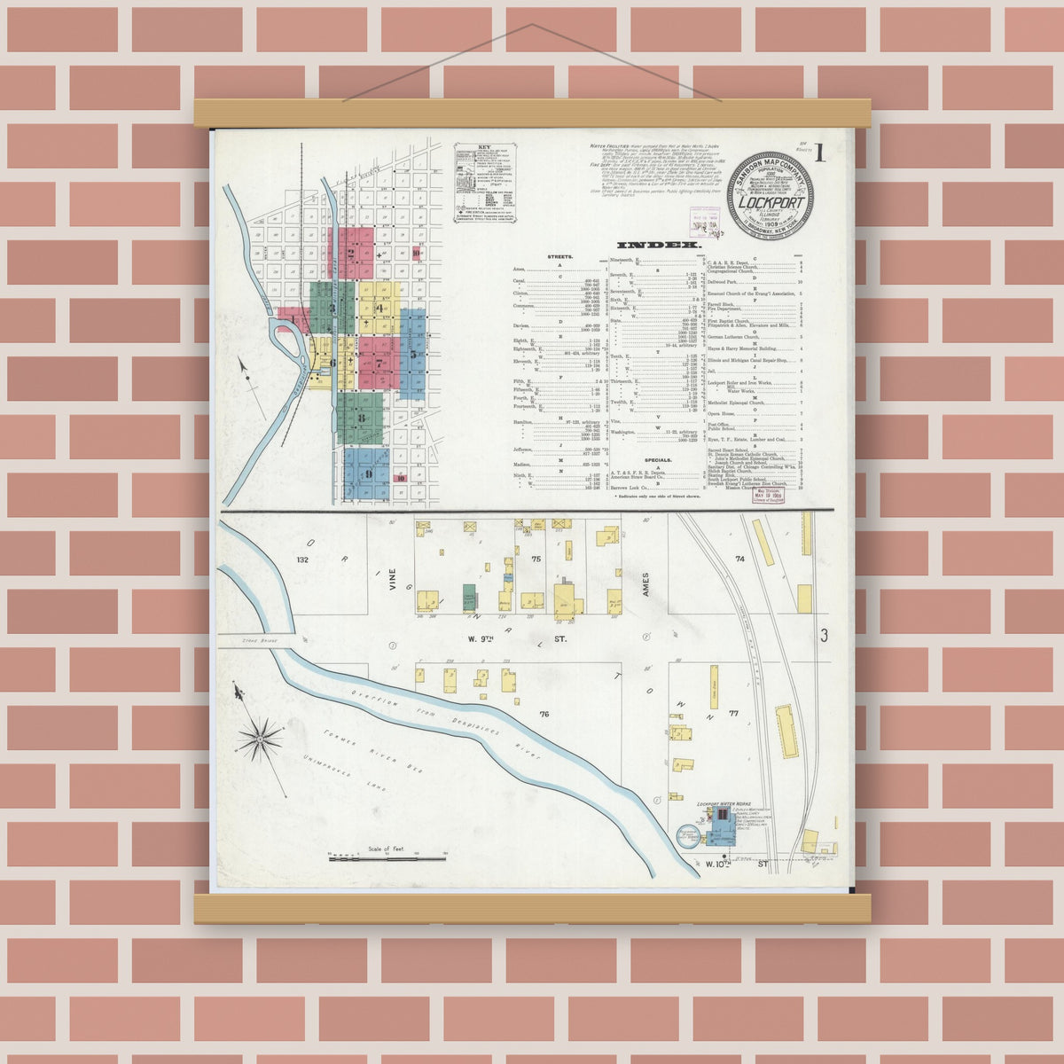 Old map wall art mockup — magnetic wood frame on brick wall — Sanborn Fire Insurance Map from Lockport, Will County, Illinois (1909) - Complete Map Set