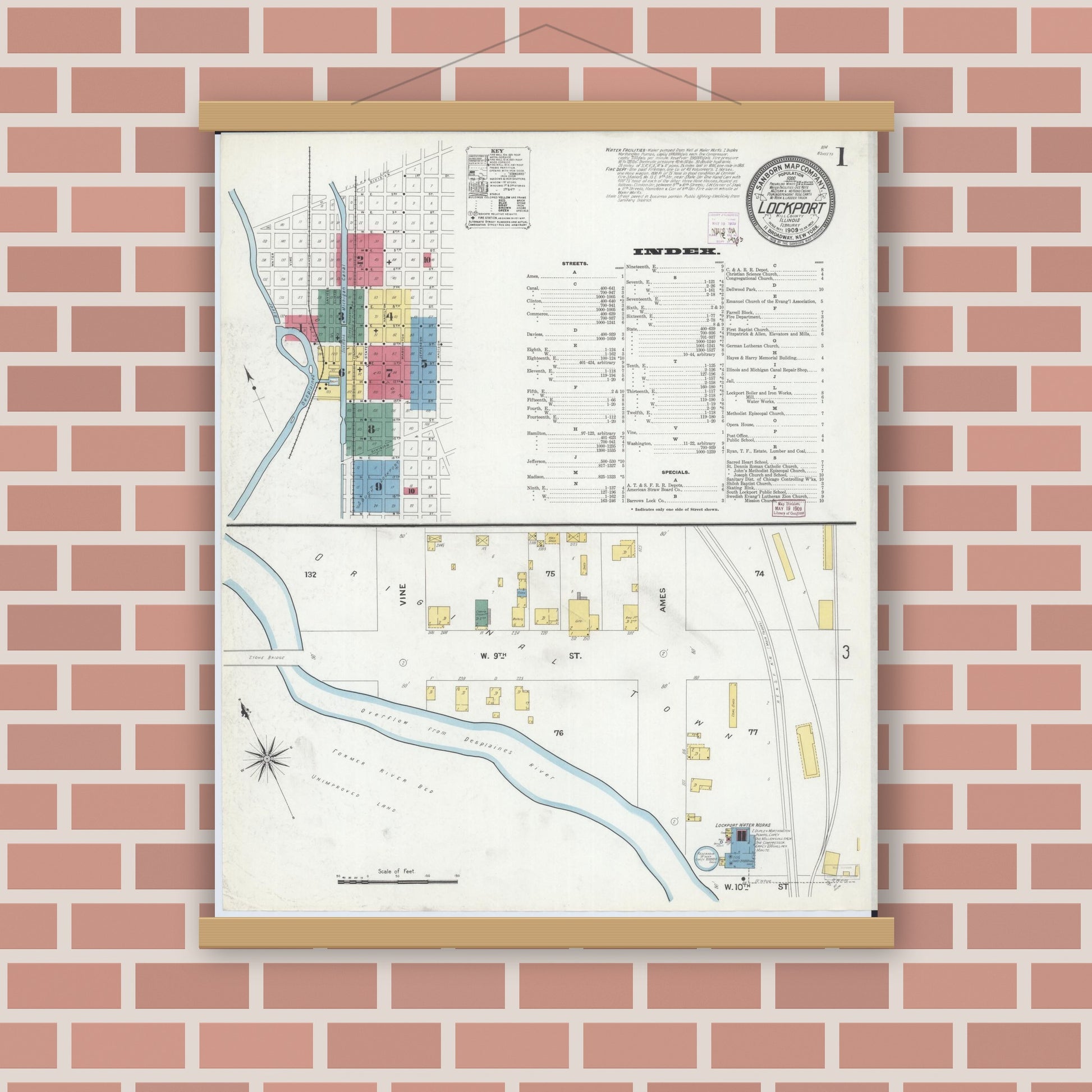 Old map wall art mockup — magnetic wood frame on brick wall — Sanborn Fire Insurance Map from Lockport, Will County, Illinois (1909) - Complete Map Set