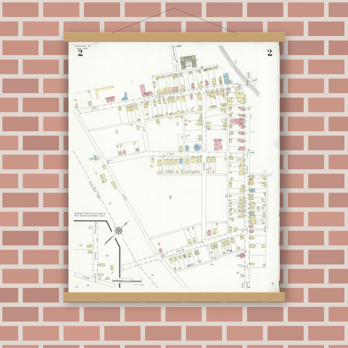 Old map wall art mockup — magnetic wood frame on brick wall — Sanborn Fire Insurance Map from Richland, Lebanon County, Pennsylvania (1939), Sheet #0002