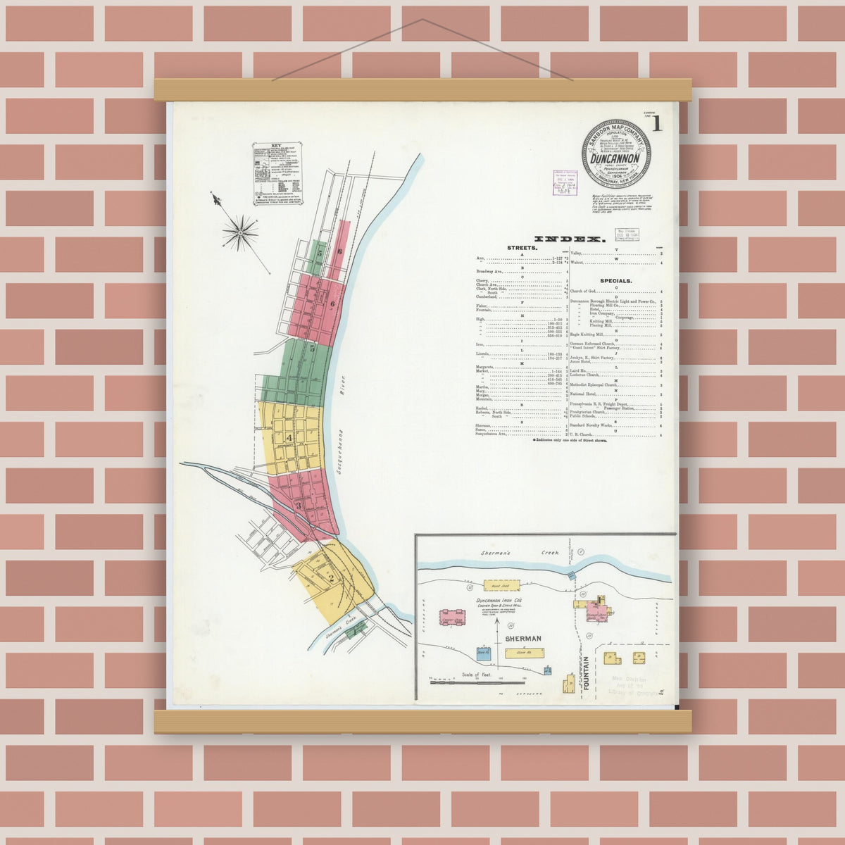 Old map wall art mockup — magnetic wood frame on brick wall — Sanborn Fire Insurance Map from Duncannon, Perry County, Pennsylvania (1904) - Complete Map Set