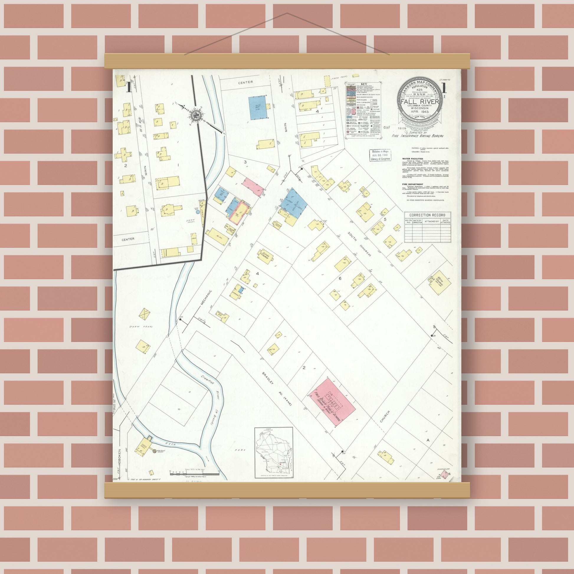 Old map wall art mockup — magnetic wood frame on brick wall — Sanborn Fire Insurance Map from Fall River, Columbia County, Wisconsin (1943), Sheet #0001