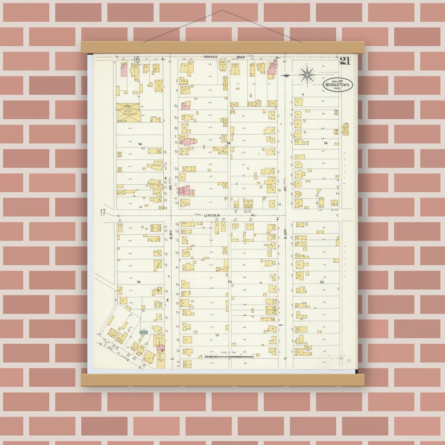 Old map wall art mockup — magnetic wood frame on brick wall — Sanborn Fire Insurance Map from Middletown, Butler County, Ohio (1907), Sheet #0021