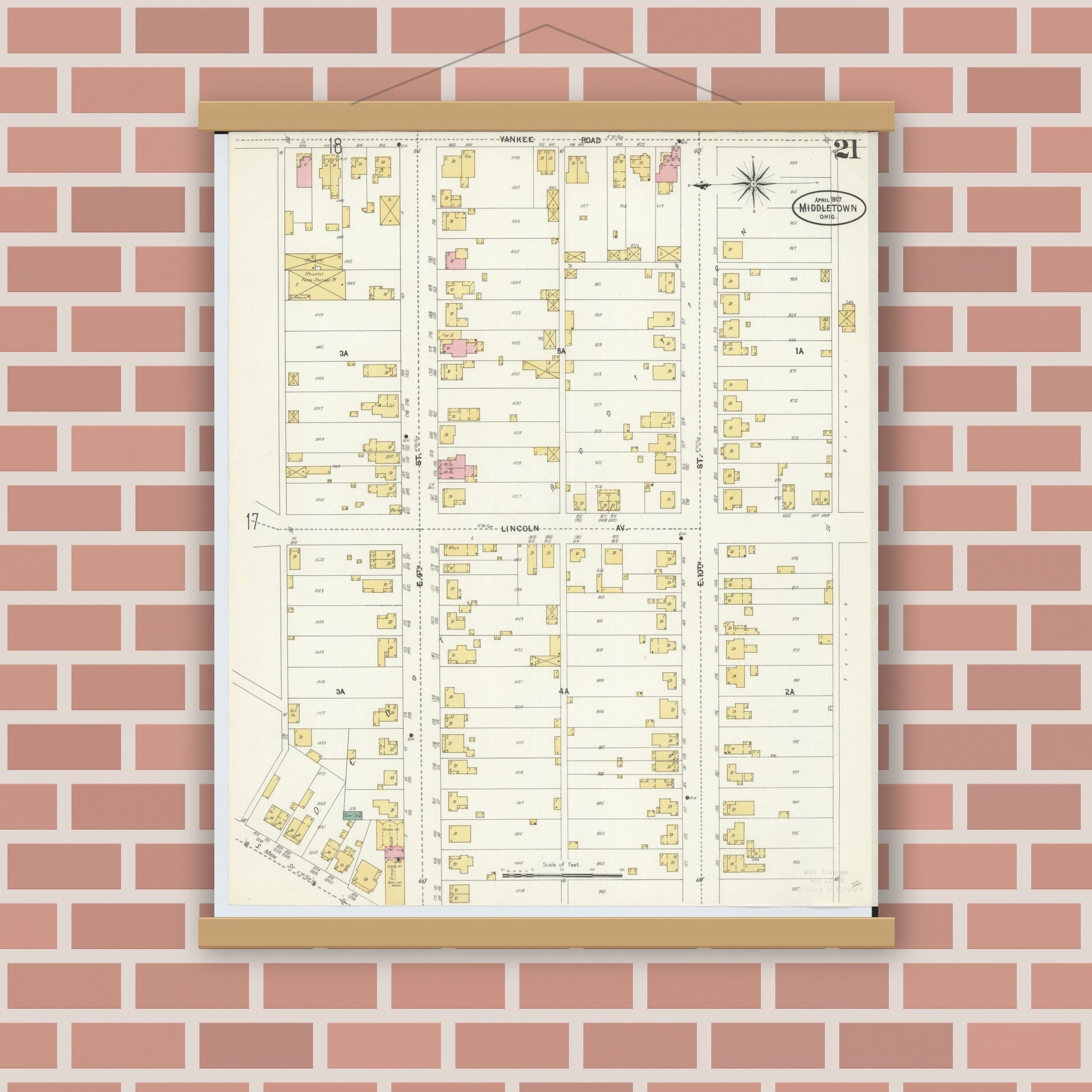 Old map wall art mockup — magnetic wood frame on brick wall — Sanborn Fire Insurance Map from Middletown, Butler County, Ohio (1907), Sheet #0021