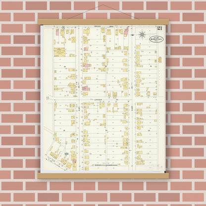Old map wall art mockup — magnetic wood frame on brick wall — Sanborn Fire Insurance Map from Middletown, Butler County, Ohio (1907), Sheet #0021