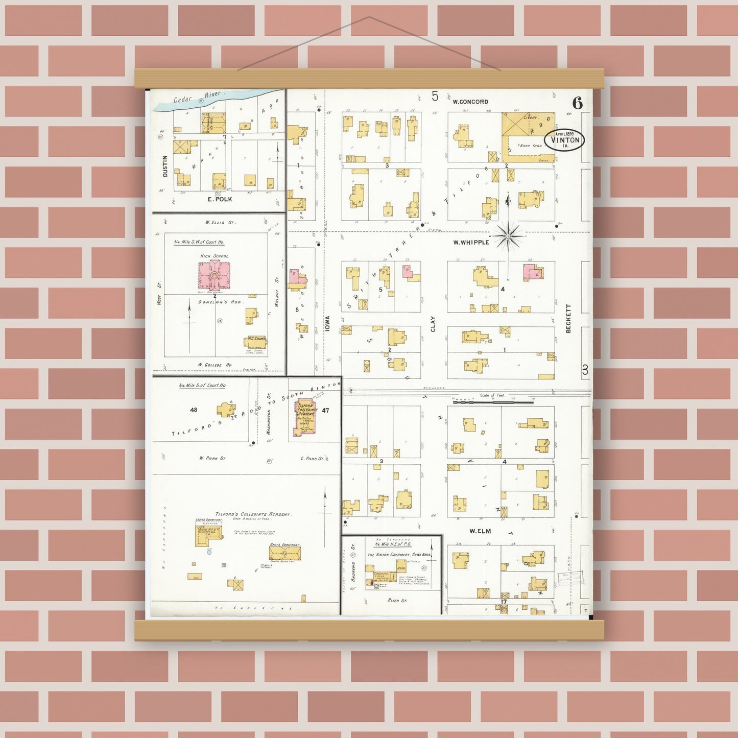Old map wall art mockup — magnetic wood frame on brick wall — Sanborn Fire Insurance Map from Vinton, Benton County, Iowa (1899), Sheet #0006