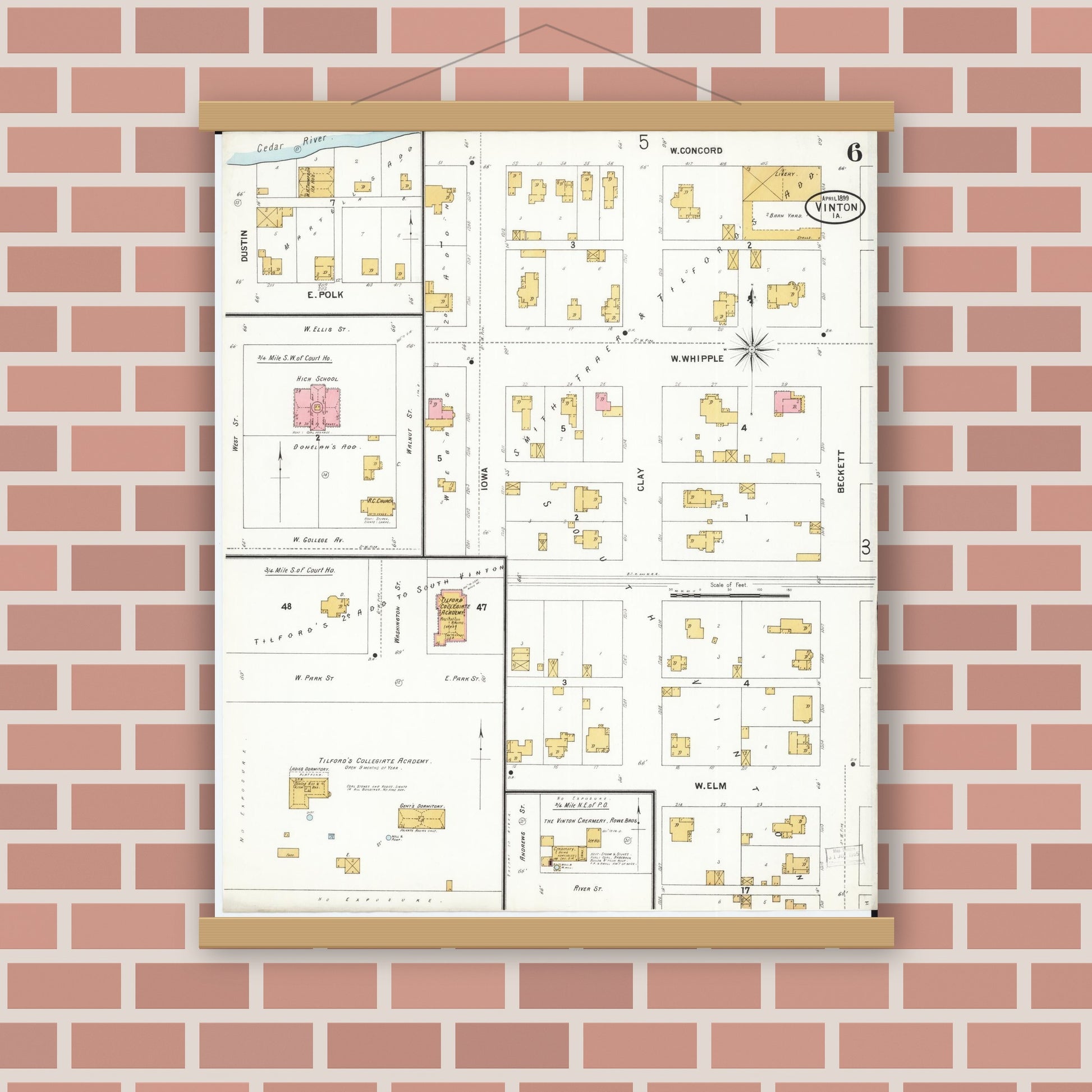 Old map wall art mockup — magnetic wood frame on brick wall — Sanborn Fire Insurance Map from Vinton, Benton County, Iowa (1899), Sheet #0006