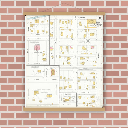 Old map wall art mockup — magnetic wood frame on brick wall — Sanborn Fire Insurance Map from Vinton, Benton County, Iowa (1899), Sheet #0006