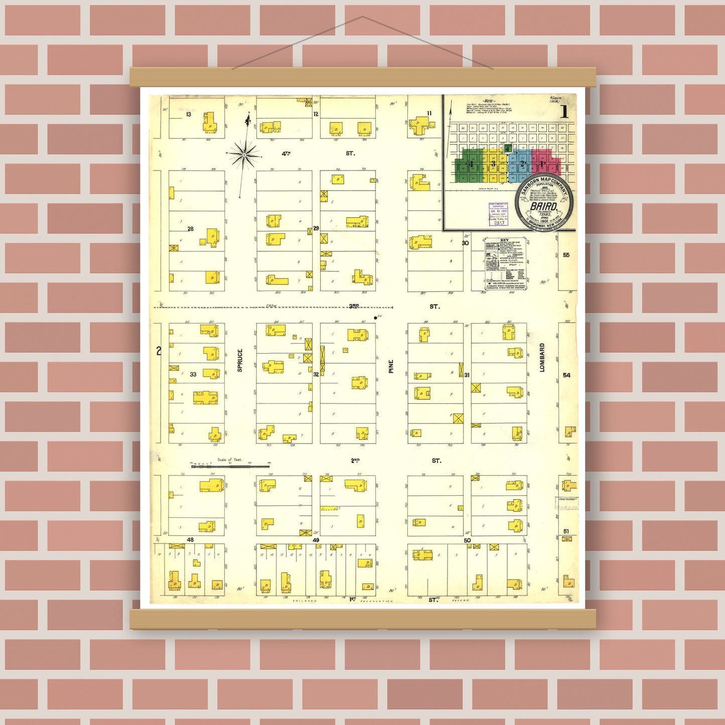 Old map wall art mockup — magnetic wood frame on brick wall — Sanborn Fire Insurance Map from Baird, Callahan County, Texas (1902), Sheet #0001