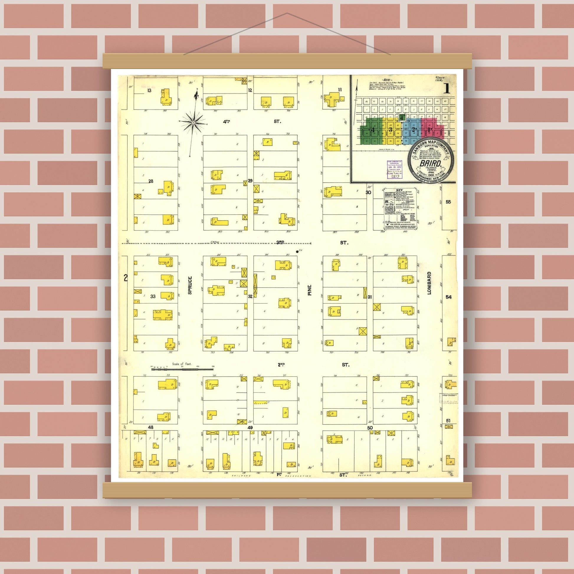 Old map wall art mockup — magnetic wood frame on brick wall — Sanborn Fire Insurance Map from Baird, Callahan County, Texas (1902), Sheet #0001