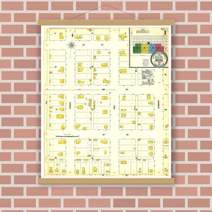 Old map wall art mockup — magnetic wood frame on brick wall — Sanborn Fire Insurance Map from Baird, Callahan County, Texas (1902), Sheet #0001