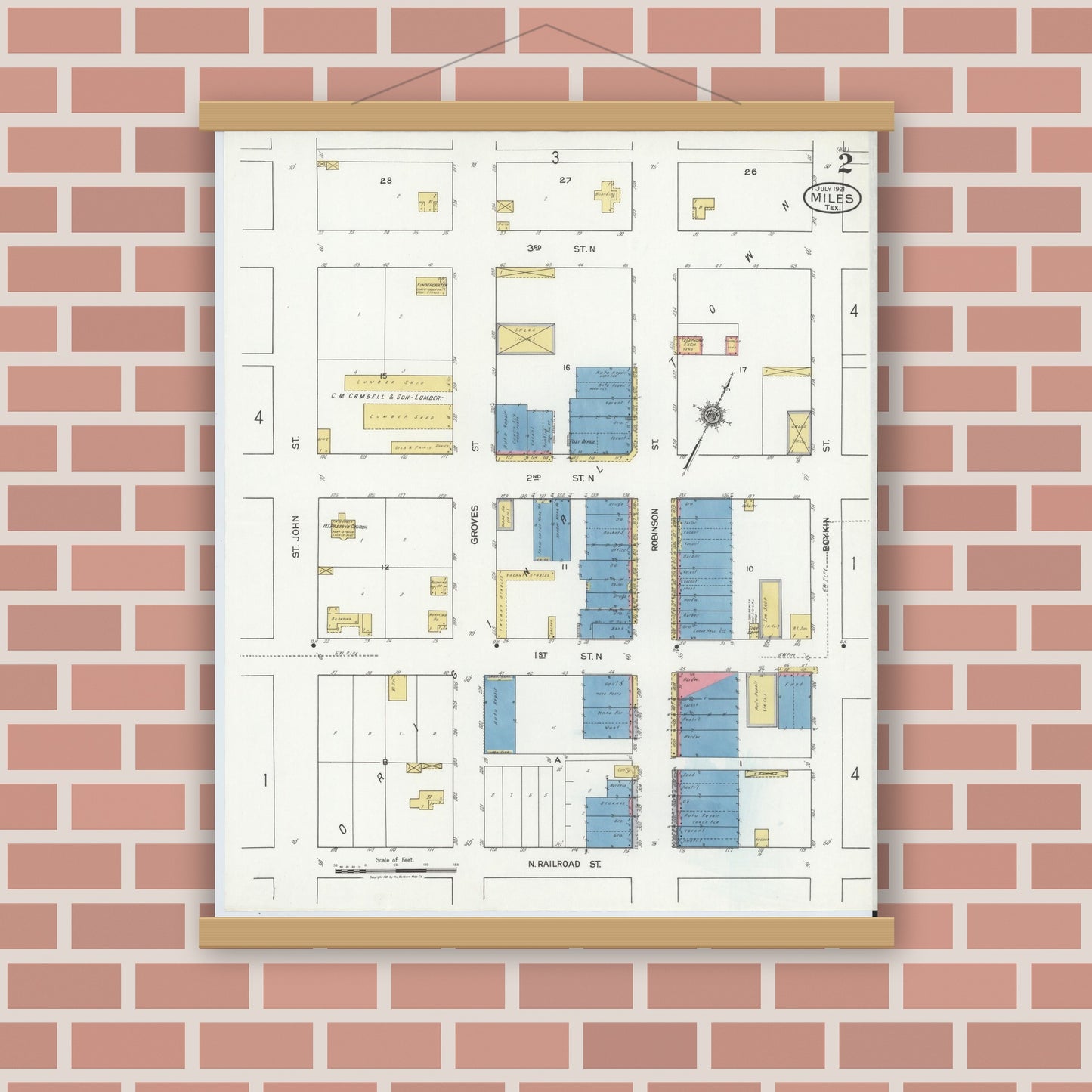 Old map wall art mockup — magnetic wood frame on brick wall — Sanborn Fire Insurance Map from Miles, Runnels County, Texas (1921), Sheet #0002