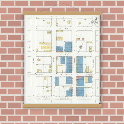 Old map wall art mockup — magnetic wood frame on brick wall — Sanborn Fire Insurance Map from Miles, Runnels County, Texas (1921), Sheet #0002