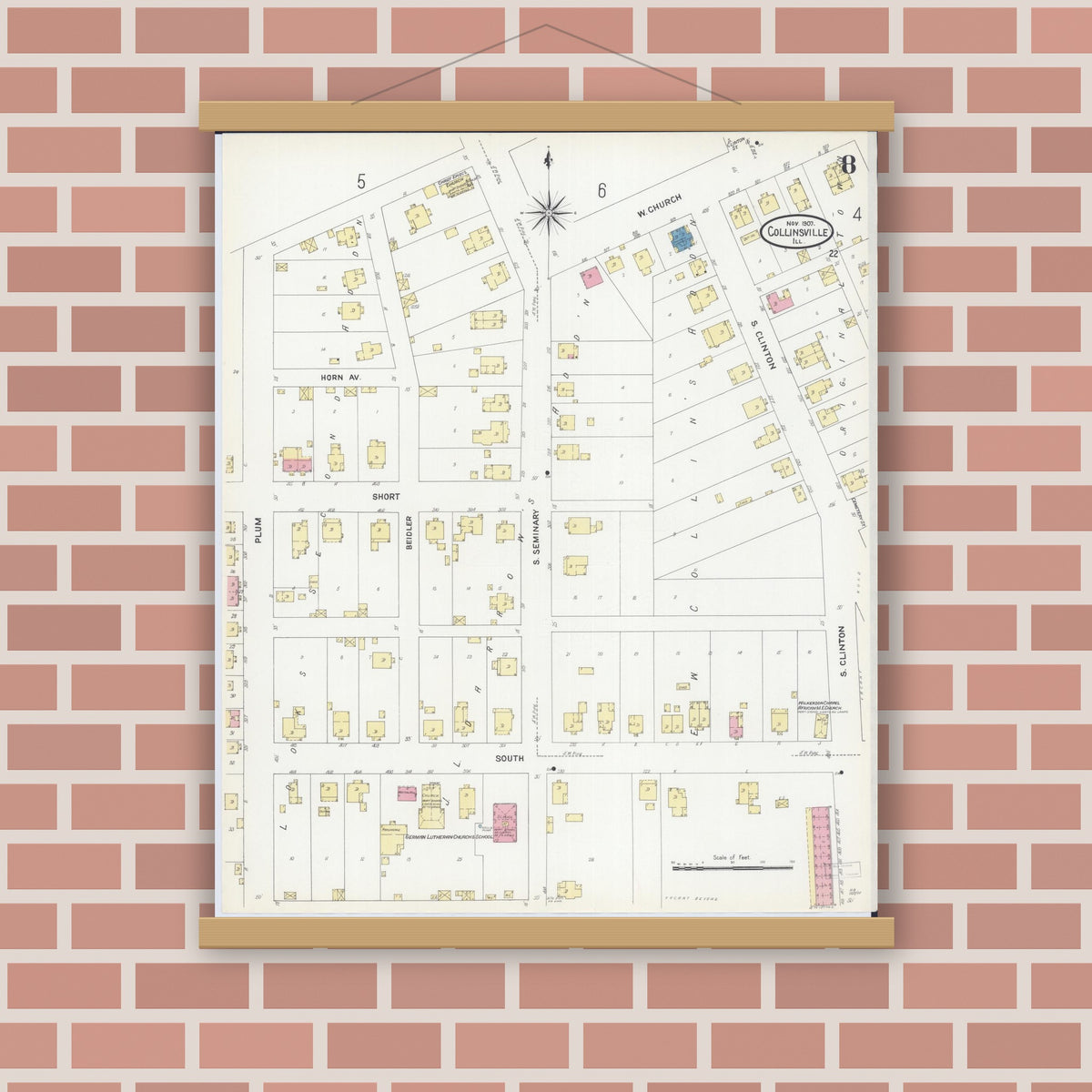 Old map wall art mockup — magnetic wood frame on brick wall — Sanborn Fire Insurance Map from Collinsville, Madison County, Illinois (1907), Sheet #0008