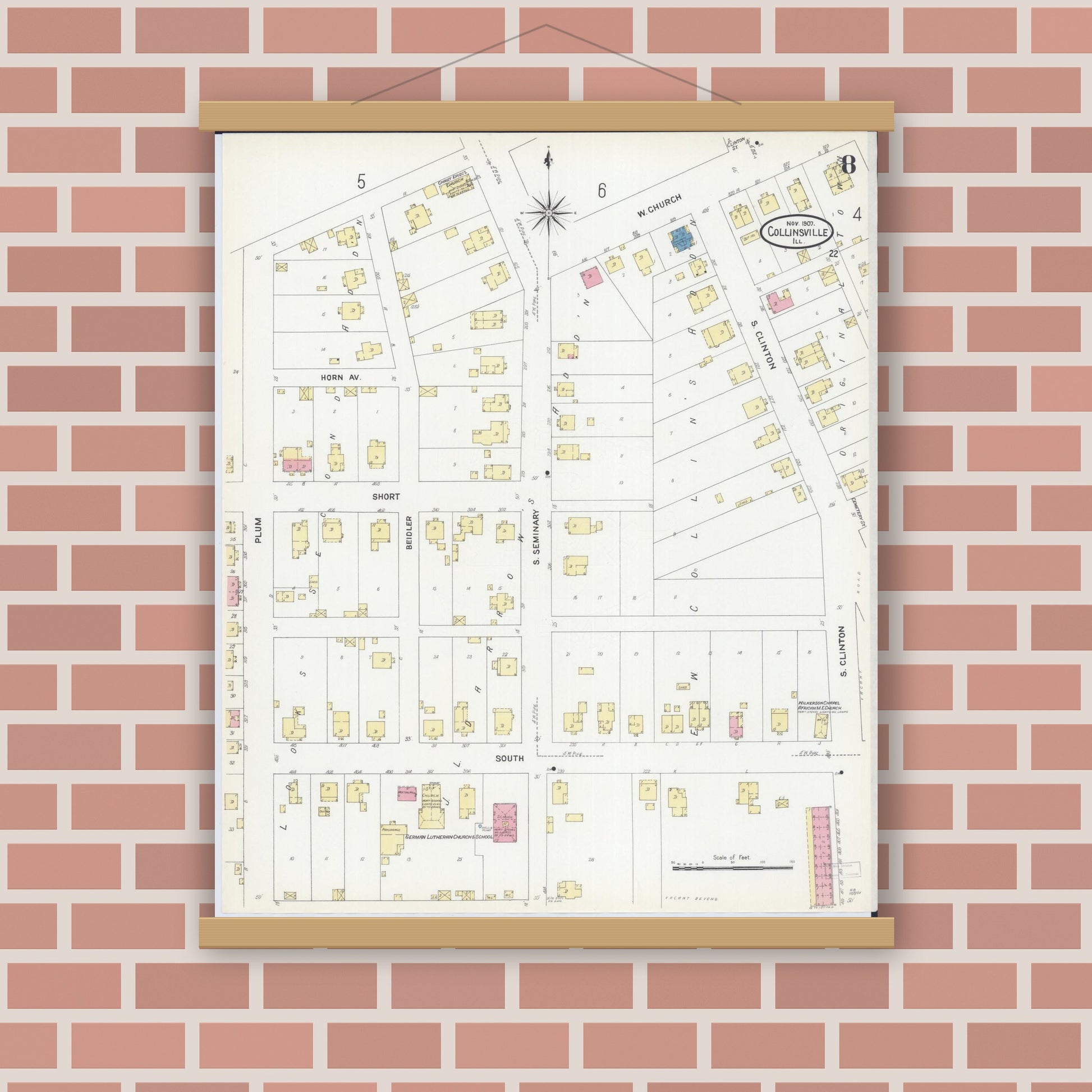 Old map wall art mockup — magnetic wood frame on brick wall — Sanborn Fire Insurance Map from Collinsville, Madison County, Illinois (1907), Sheet #0008