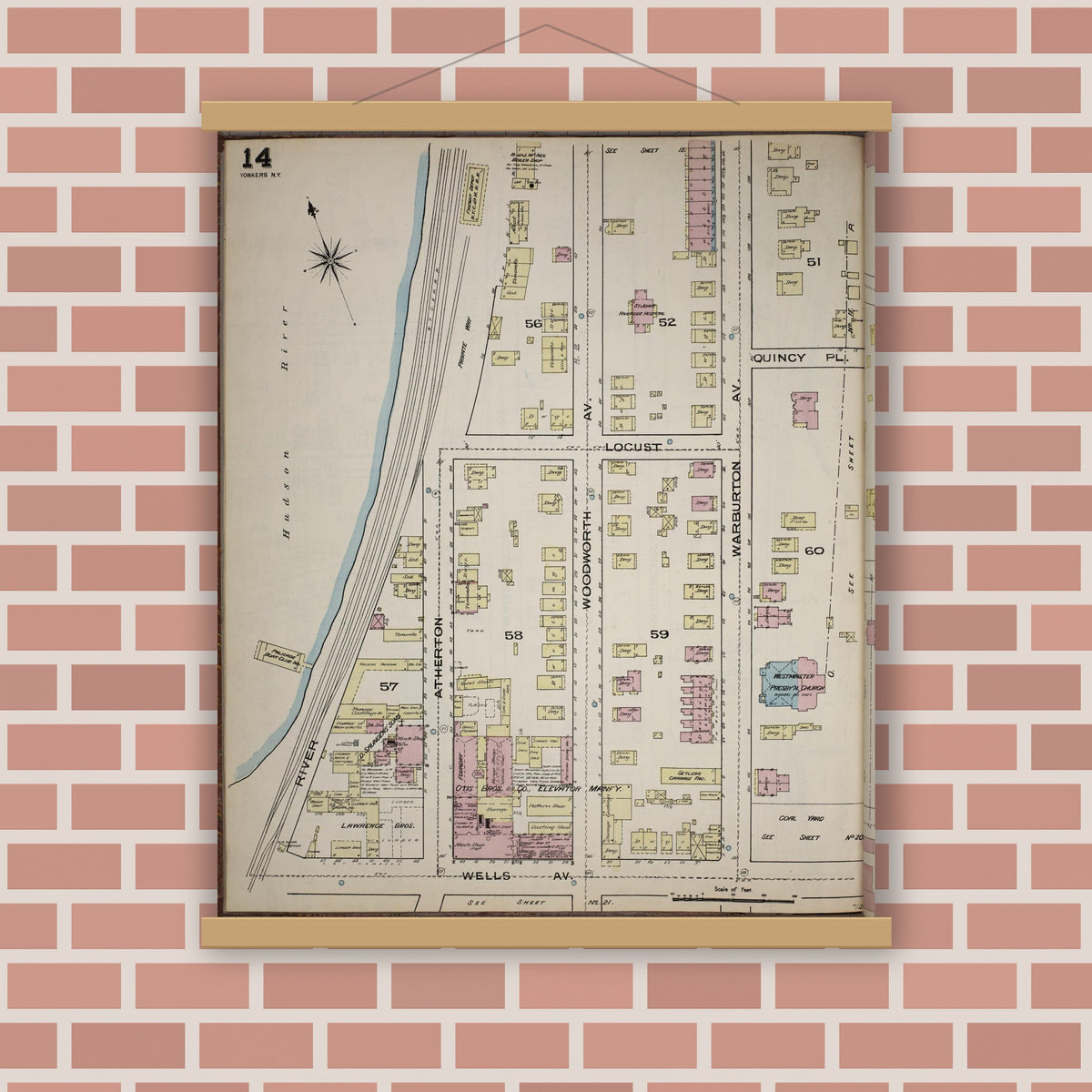 Old map wall art mockup — magnetic wood frame on brick wall — Sanborn Fire Insurance Map from Yonkers, Westchester County, New York (1886), Sheet #0014