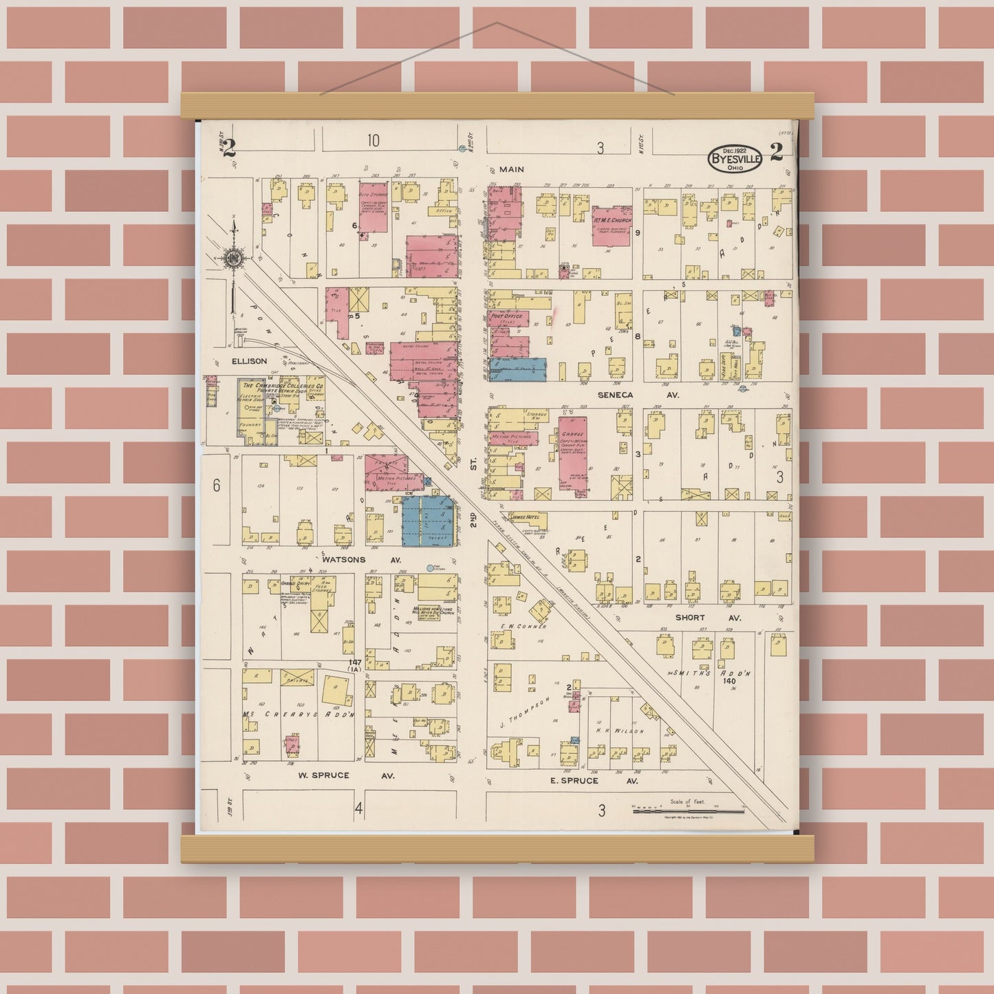 Old map wall art mockup — magnetic wood frame on brick wall — Sanborn Fire Insurance Map from Byesville, Guernsey County, Ohio (1922), Sheet #0002