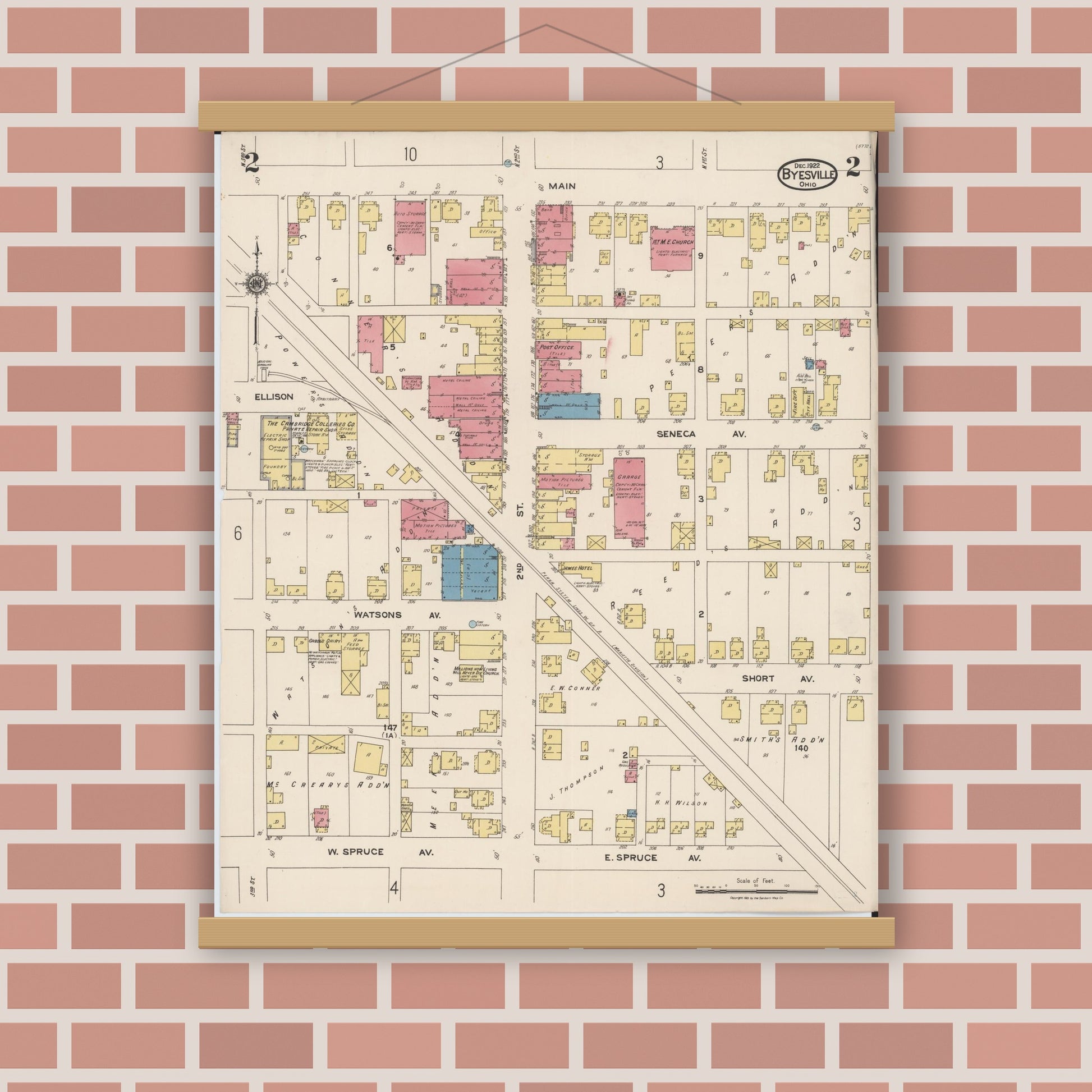 Old map wall art mockup — magnetic wood frame on brick wall — Sanborn Fire Insurance Map from Byesville, Guernsey County, Ohio (1922), Sheet #0002