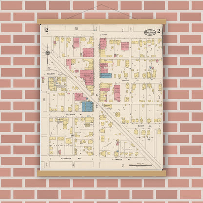 Old map wall art mockup — magnetic wood frame on brick wall — Sanborn Fire Insurance Map from Byesville, Guernsey County, Ohio (1922), Sheet #0002