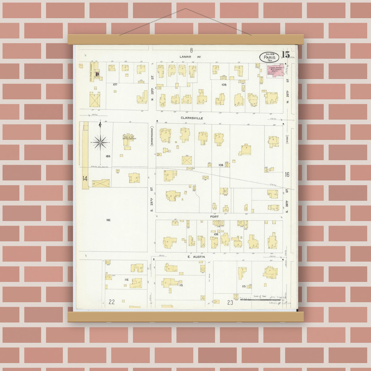 Old map wall art mockup — magnetic wood frame on brick wall — Sanborn Fire Insurance Map from Paris, Lamar County, Texas (1908), Sheet #0015