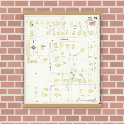 Old map wall art mockup — magnetic wood frame on brick wall — Sanborn Fire Insurance Map from Paris, Lamar County, Texas (1908), Sheet #0015