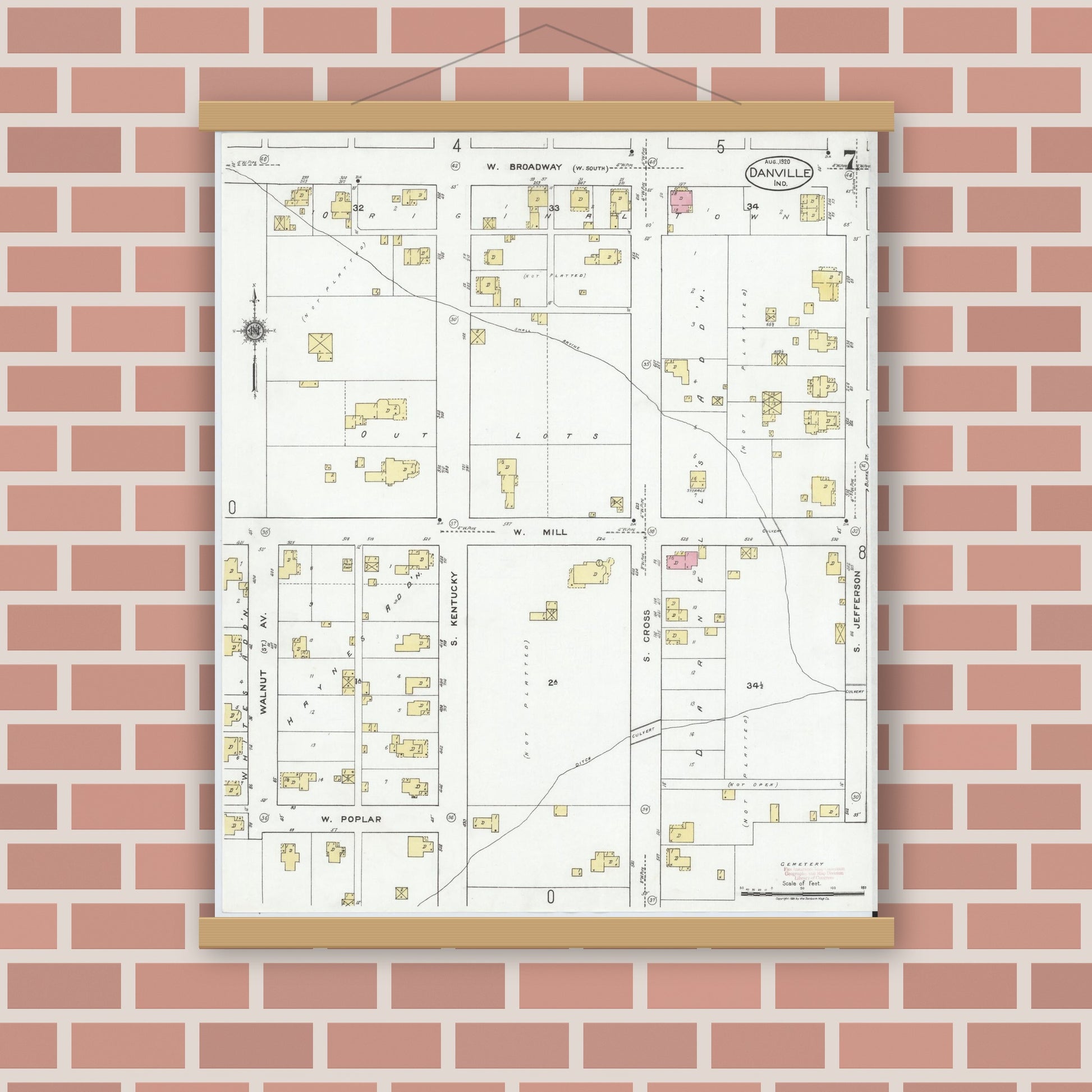 Old map wall art mockup — magnetic wood frame on brick wall — Sanborn Fire Insurance Map from Danville, Hendricks County, Indiana (1920), Sheet #0007